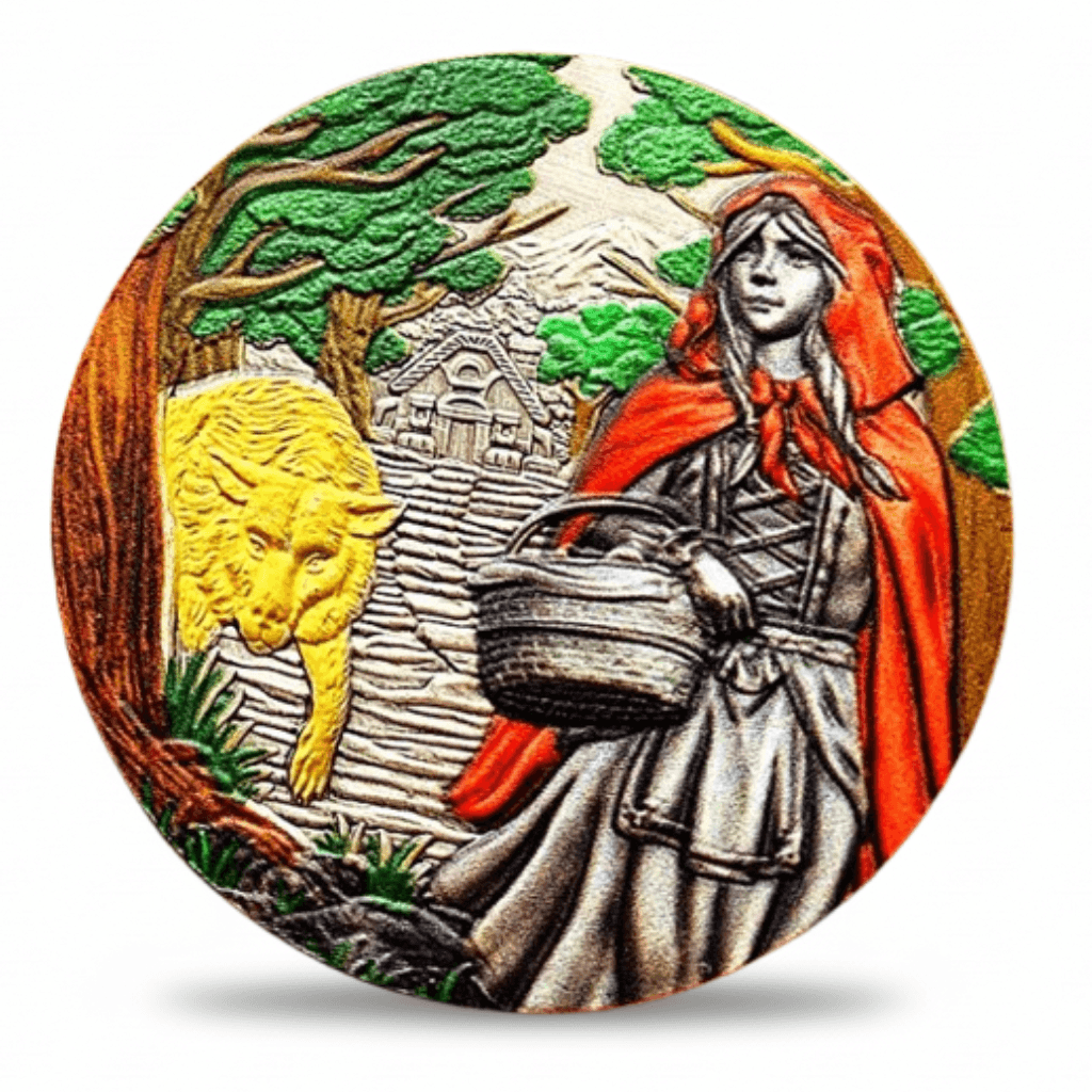 Little Red Riding Hood collectible coin colour obverse featuring Red Riding Hood wolf and woodland cottage fairy tale scene available at One More Coin store
