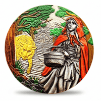 Little Red Riding Hood collectible coin colour obverse featuring Red Riding Hood wolf and woodland cottage fairy tale scene available at One More Coin store
