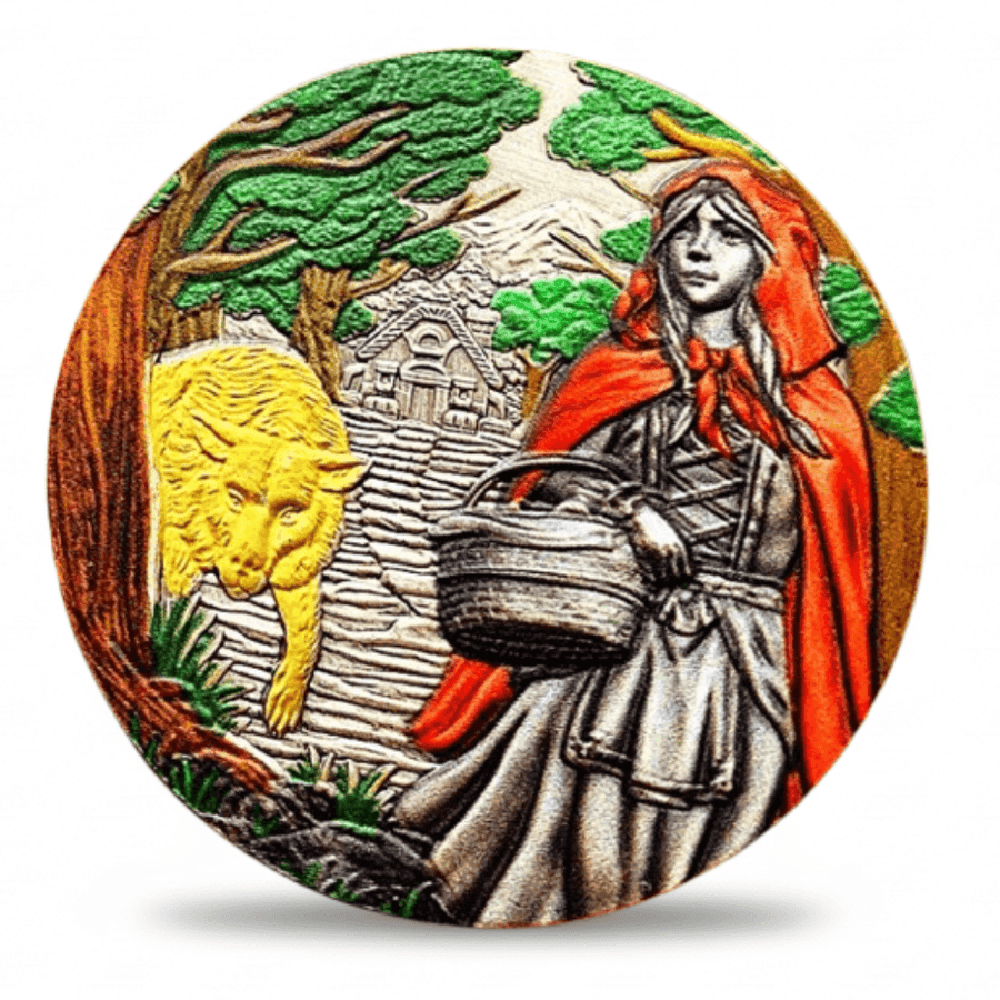 Little Red Riding Hood collectible coin colour obverse featuring Red Riding Hood wolf and woodland cottage fairy tale scene available at One More Coin store
