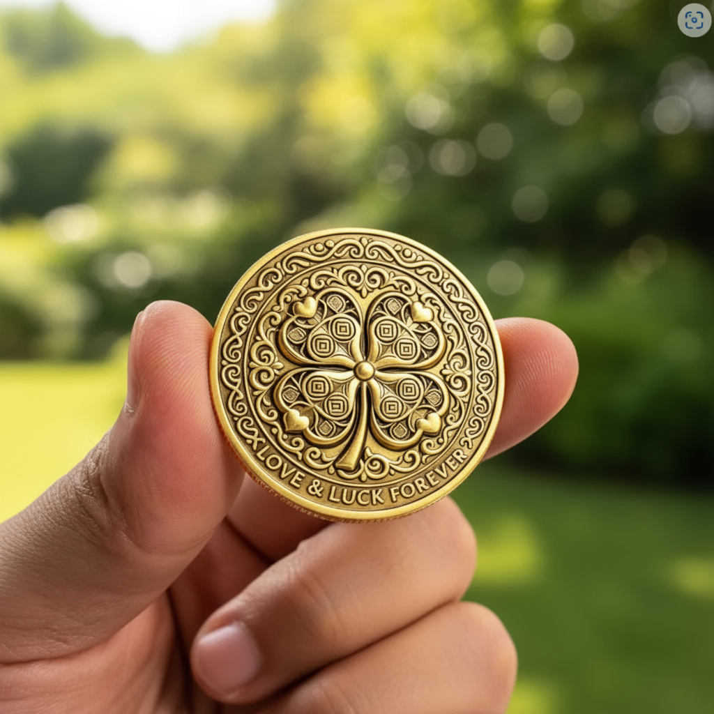 Hand holding Love and Luck Forever four-leaf clover collectible coin with blurred green garden background in natural daylight
