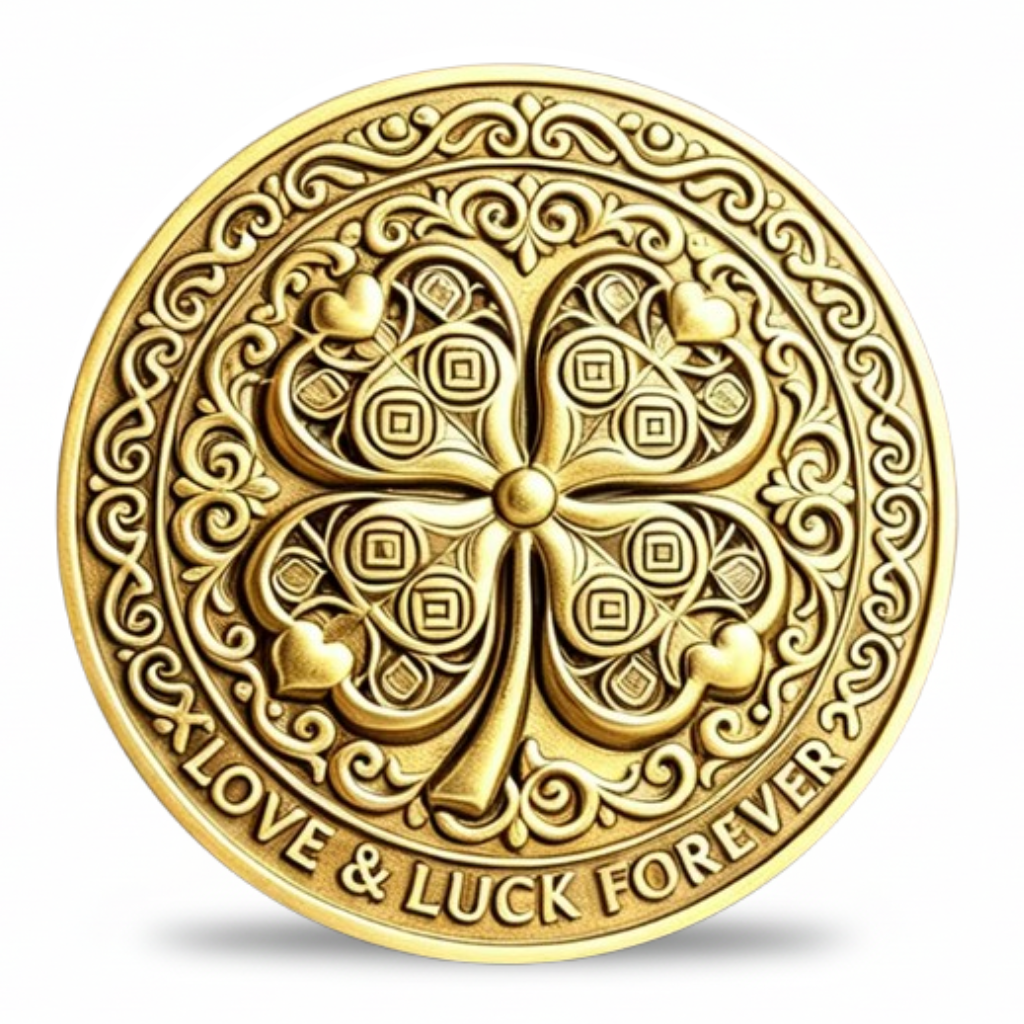 Love and Luck Forever four-leaf clover antique gold collectible coin token with scrollwork and heart motifs available at One More Coin store
