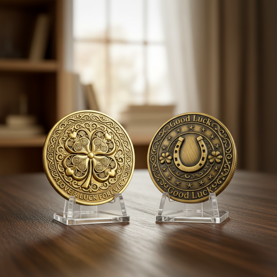 Love and Luck Forever and Good Luck collectible coin set on acrylic stands displayed on wooden surface with warm natural light
