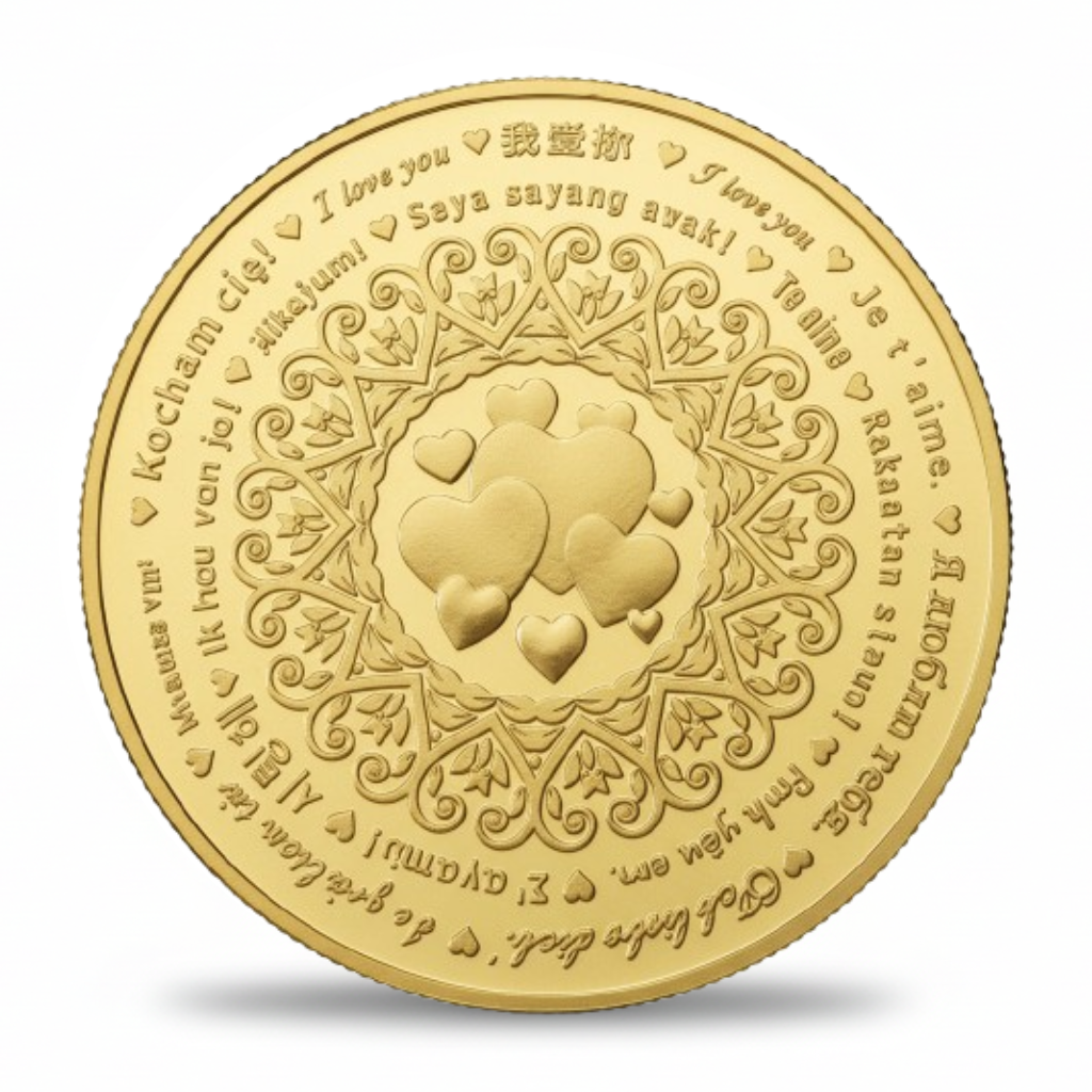 Love You coin gold reverse I Love You multiple languages mandala heart pattern
