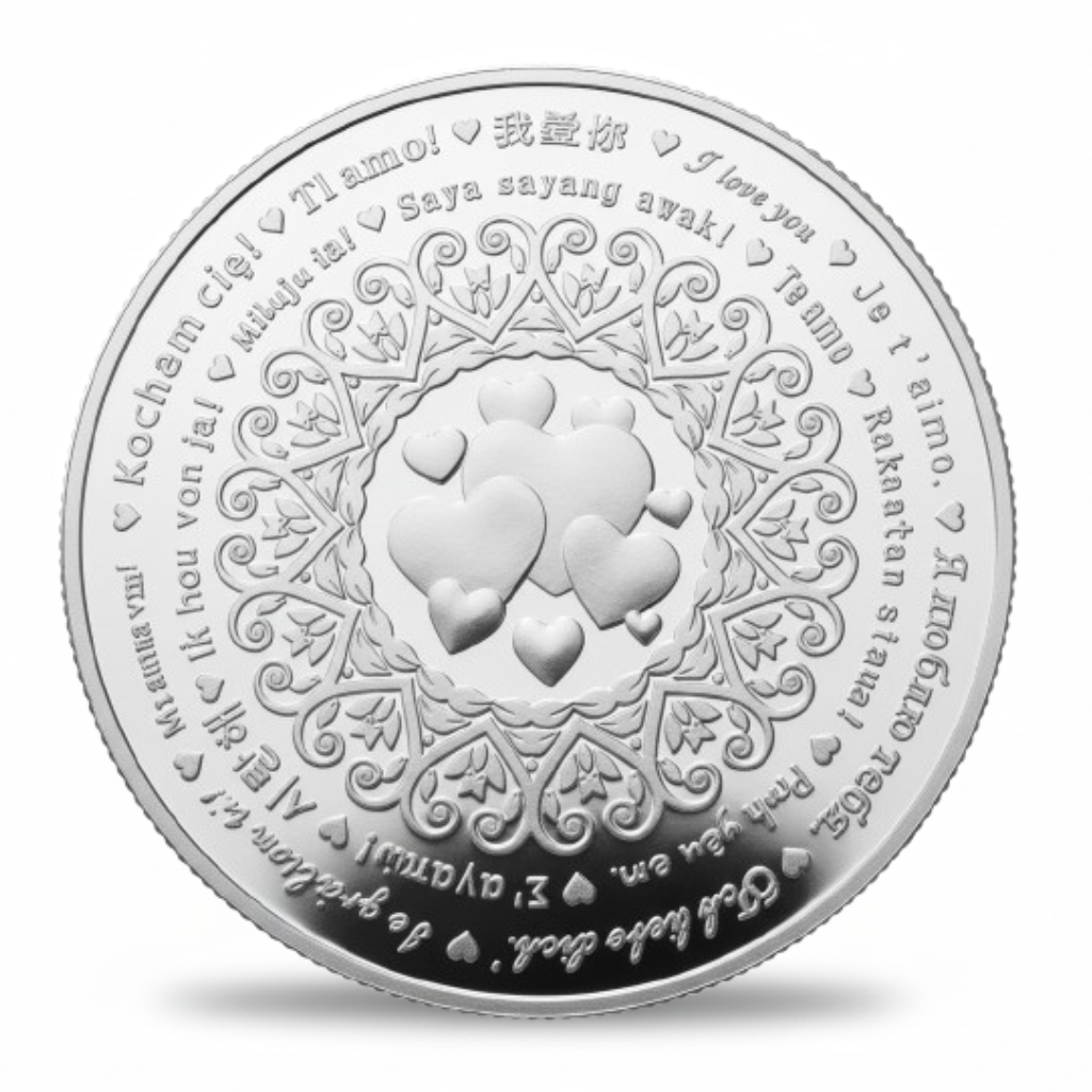 Love You coin silver reverse I Love You inscription heart mandala design
