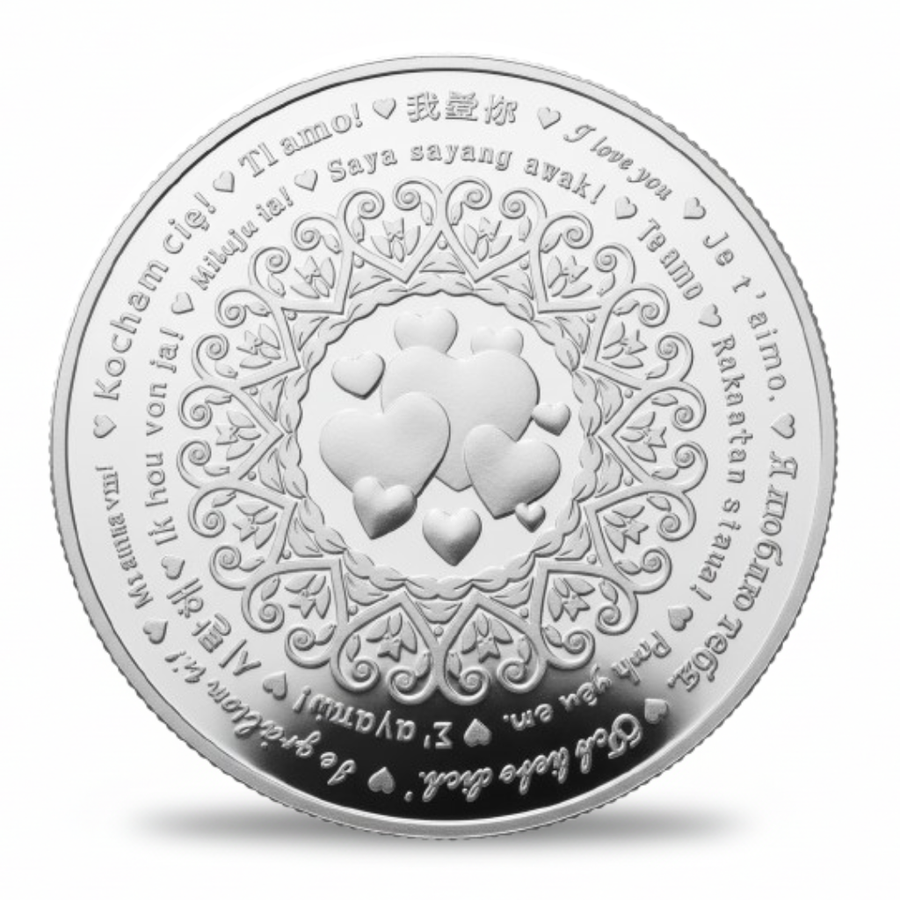 Love You coin silver reverse I Love You inscription heart mandala design
