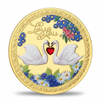 Love You swans commemorative coin gold finish romantic gift two swans forming heart forget-me-not flowers available at One More Coin store
