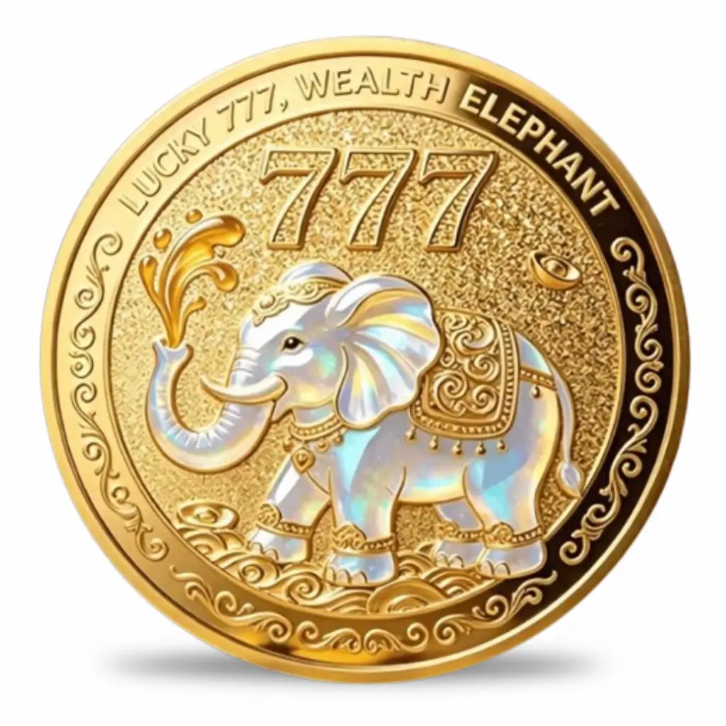Lucky 777 Wealth Elephant collectible coin front face white iridescent elephant trunk raised ornate gold saddle 777 numerals pearl enamel prosperity collectible available at One More Coin store
