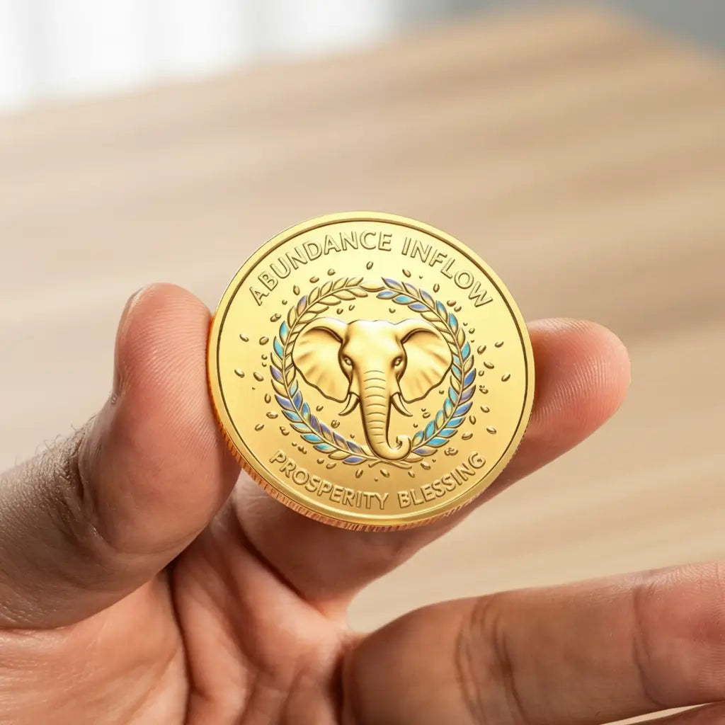A hand holding a round gold-colored coin featuring an elephant emblem, laurel wreath, and the text 'ABUNDANCE INFLOW' and 'PROSPERITY BLESSING'.