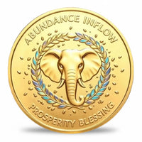 Lucky 777 Wealth Elephant coin reverse elephant head portrait iridescent teal laurel wreath abundance inflow prosperity blessing gold tone pearl enamel collectible token
