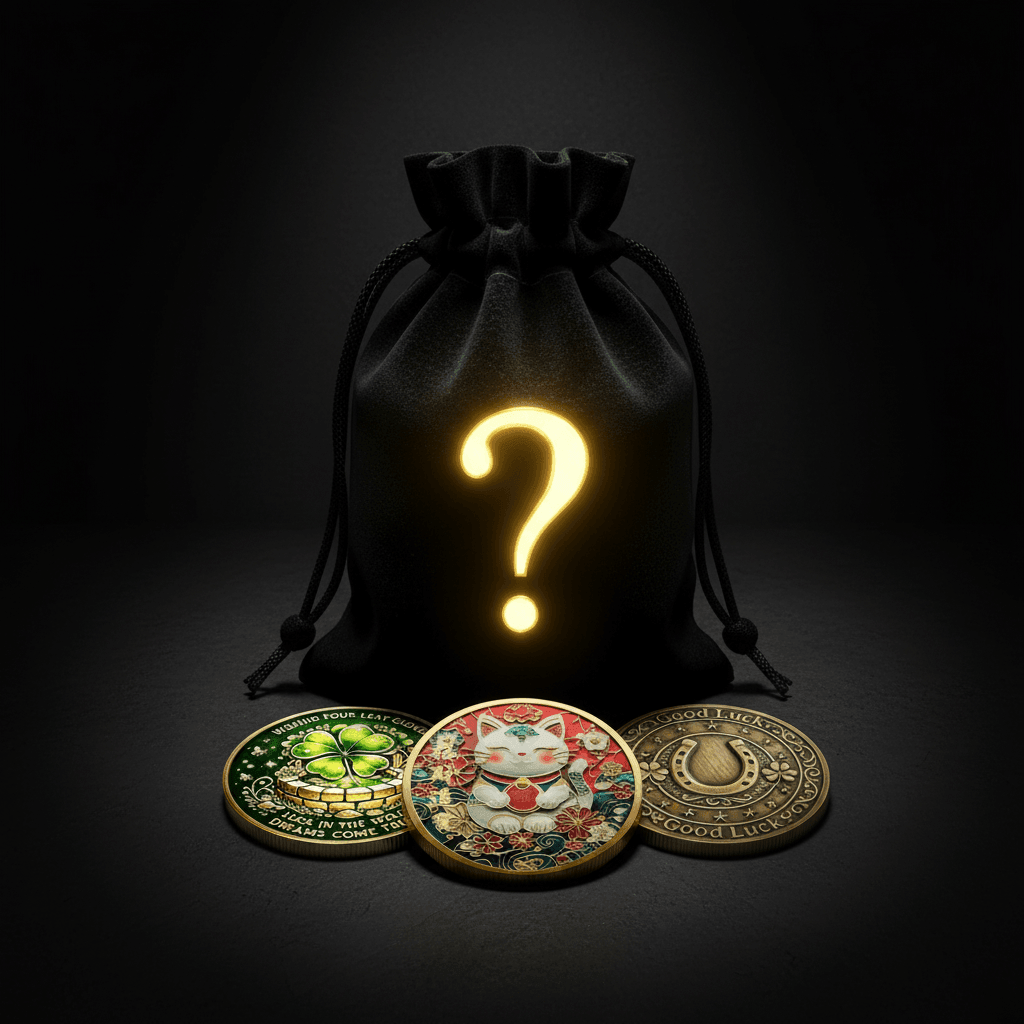 A black drawstring pouch with a glowing yellow question mark, shown with three decorative lucky coins in front on a dark background.