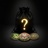 A black drawstring pouch with a glowing yellow question mark, shown with three decorative lucky coins in front on a dark background.