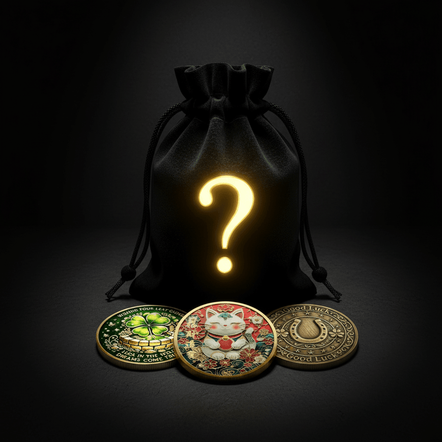 A black drawstring pouch with a glowing yellow question mark, shown with three decorative lucky coins in front on a dark background.