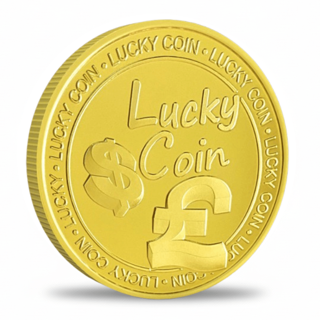 Lucky Money gold collectible coin front featuring dollar and pound currency symbols lucky charm gift available at One More Coin store
