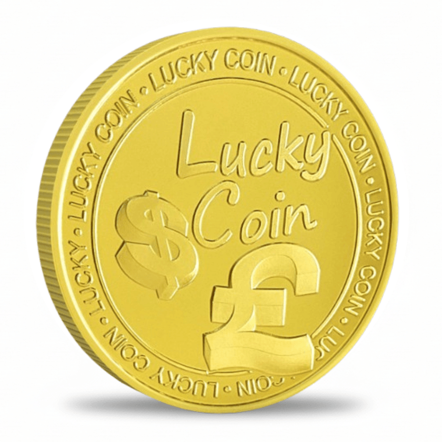 Lucky Money gold collectible coin front featuring dollar and pound currency symbols lucky charm gift available at One More Coin store
