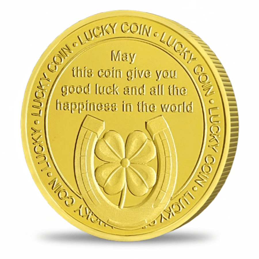 Lucky Money gold collectible coin reverse with horseshoe and four-leaf clover good luck blessing inscription collectible token

