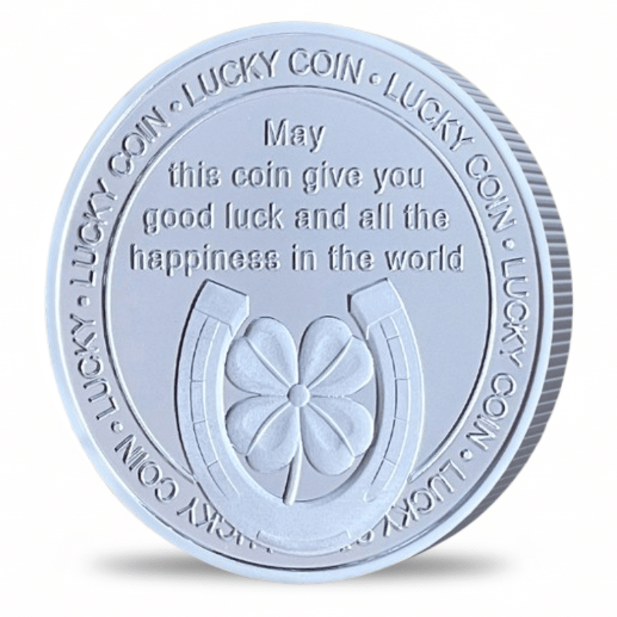 Lucky Money silver collectible coin reverse with horseshoe and four-leaf clover good luck blessing inscription collectible token
