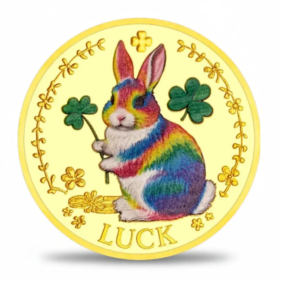 Lucky rainbow rabbit LUCK collectible coin gold finish four-leaf clover floral wreath reverse side novelty collectible token
