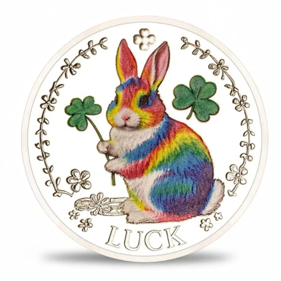 Lucky rainbow rabbit LUCK collectible coin silver finish four-leaf clover floral wreath reverse side novelty collectible token
