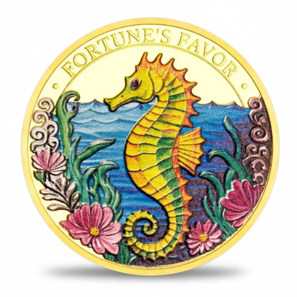Fortune's Favor seahorse collectible coin gold finish ocean waves sea grass floral design luck gift for collectors available at One More Coin store
