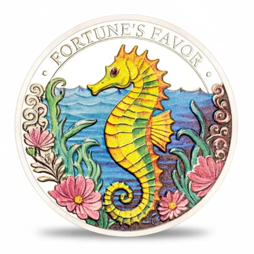 Fortune's Favor seahorse collectible coin silver finish ocean waves sea grass floral border novelty collectible token
