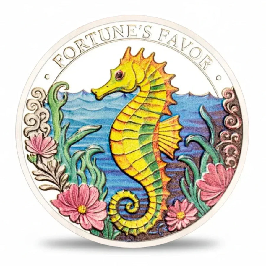 Fortune's Favor seahorse collectible coin silver finish ocean waves sea grass floral border novelty collectible token
