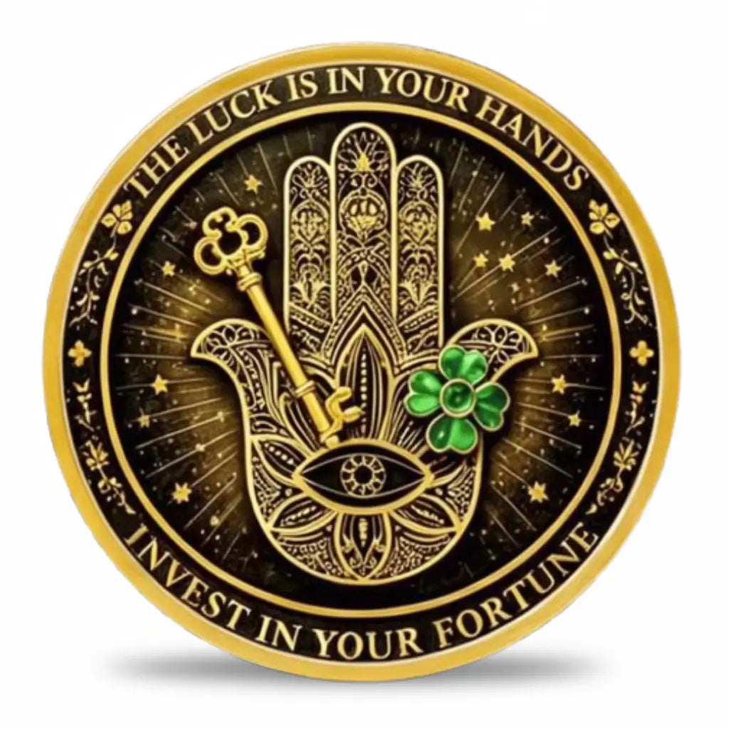 Gold-tone Hamsa hand coin with eye, key and green clover, available at One More Coin store