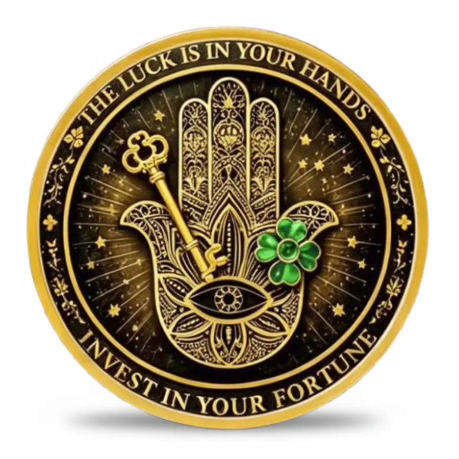 Gold-tone Hamsa hand coin with eye, key and green clover, available at One More Coin store