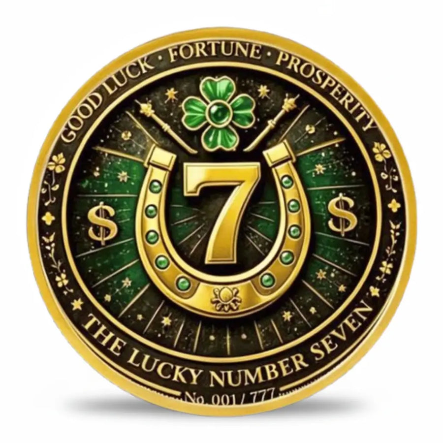 Lucky number seven coin reverse with gold-tone horseshoe, green clover, stars and dollar symbols, collectible token⠋