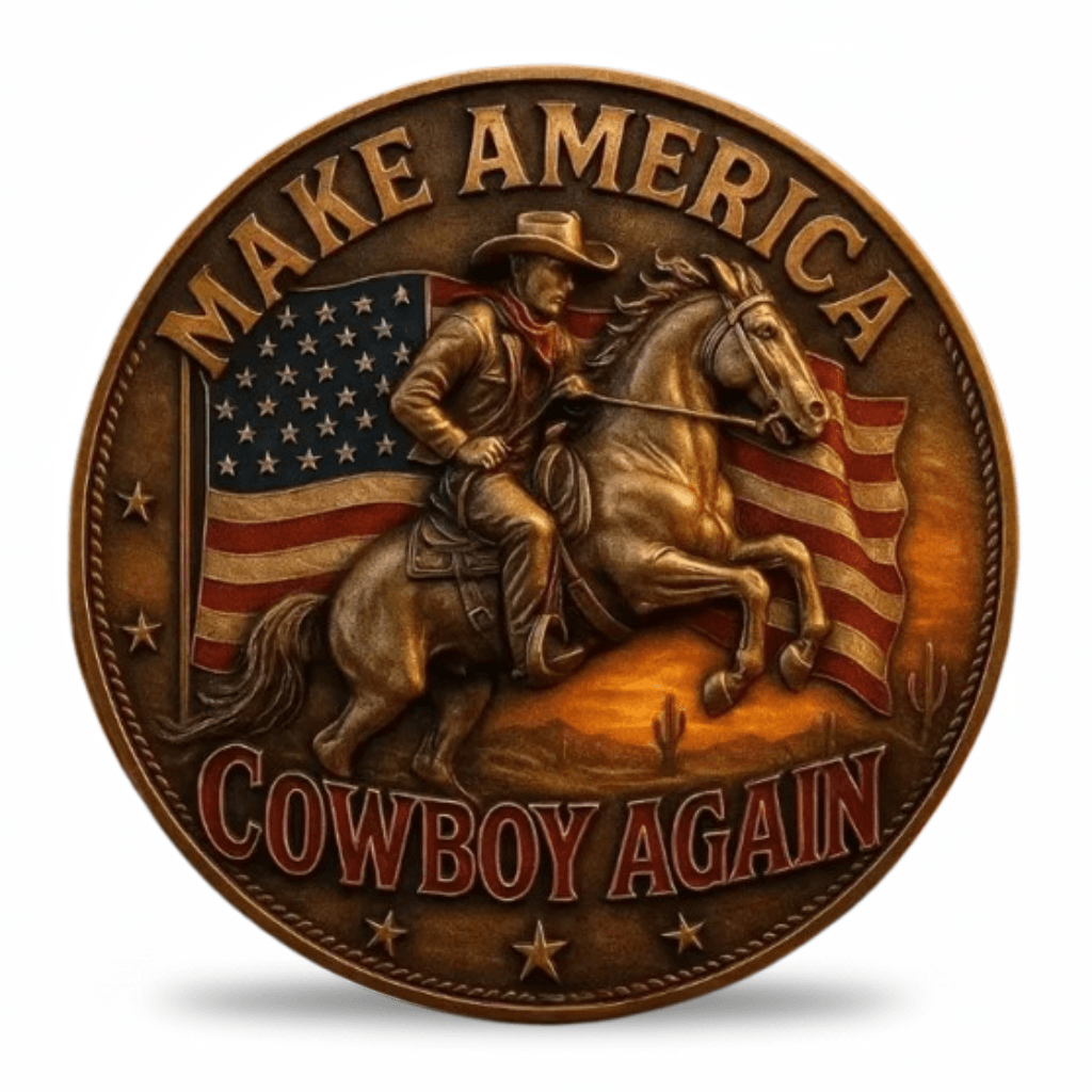 Make America Cowboy Again rearing horse American flag Western patriotic collectible coin gift for collectors available at One More Coin store
