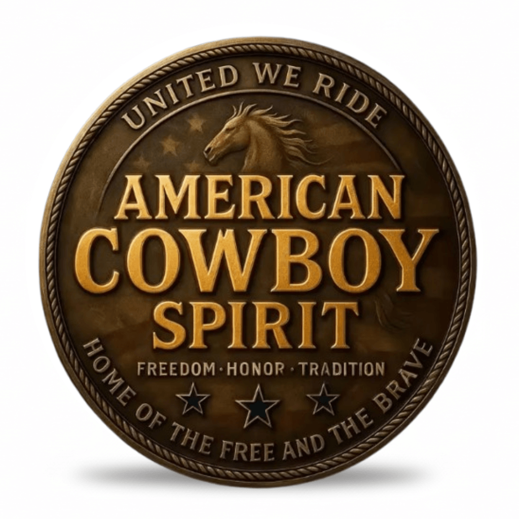 A circular bronze-colored metal coin or medallion featuring the words 'AMERICAN COWBOY SPIRIT' in raised gold lettering, with a horse head emblem at the top and the phrases 'UNITED WE RIDE' and 'HOME OF THE FREE AND THE BRAVE' around the border. The coin is shown on a white background with a soft drop shadow.