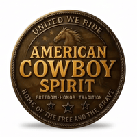 A circular bronze-colored metal coin or medallion featuring the words 'AMERICAN COWBOY SPIRIT' in raised gold lettering, with a horse head emblem at the top and the phrases 'UNITED WE RIDE' and 'HOME OF THE FREE AND THE BRAVE' around the border. The coin is shown on a white background with a soft drop shadow.