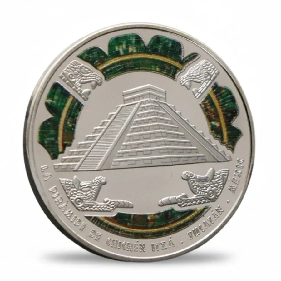 Mayan pyramid collectible coin featuring Chichen Itza temple with feathered serpent heads ancient civilization gift for history collectors available at One More Coin store
