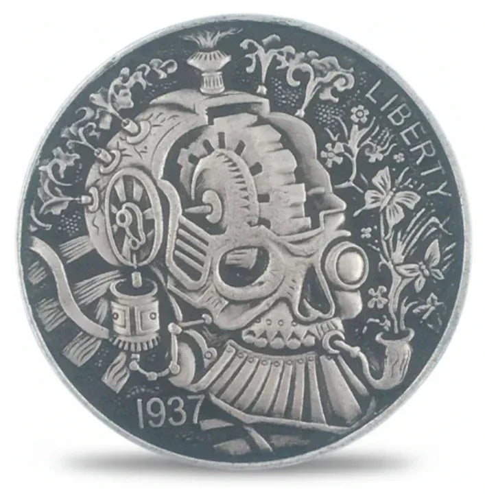 Mechanical skull train steampunk hobo collectible coin with locomotive gears and industrial Victorian design dark fantasy skull coin gift for steampunk collectors available at One More Coin store
