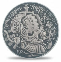 Mechanical skull train steampunk hobo collectible coin with locomotive gears and industrial Victorian design dark fantasy skull coin gift for steampunk collectors available at One More Coin store
