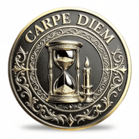 A round decorative coin with the words 'CARPE DIEM' around the border, featuring an hourglass and a candle in the center on a black and gold background.