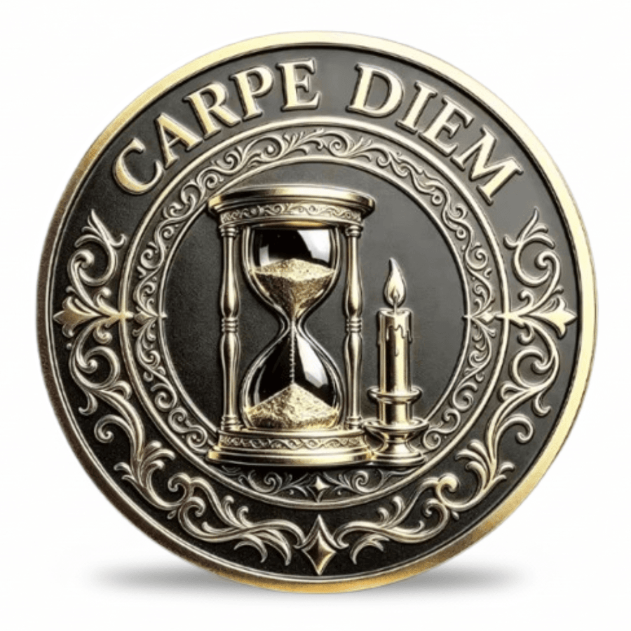 A round decorative coin with the words 'CARPE DIEM' around the border, featuring an hourglass and a candle in the center on a black and gold background.