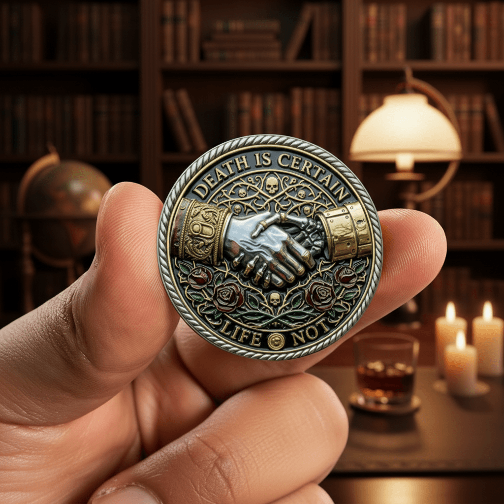 Hand holding Memento Mori Death Is Certain gothic collectible coin token in stoic study setting

