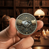 Hand holding Memento Mori Death Is Certain gothic collectible coin token in stoic study setting
