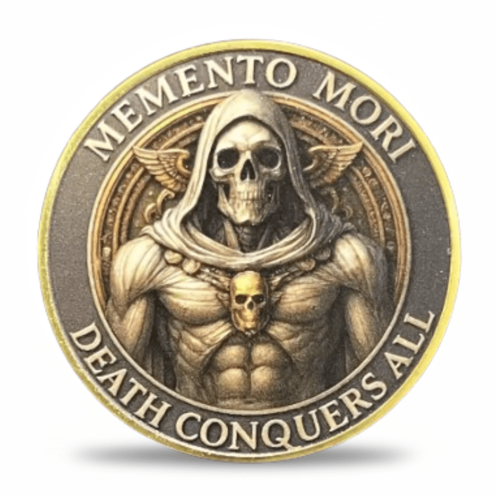 Memento Mori Death Conquers All gothic skull Grim Reaper collectible coin available at One More Coin store

