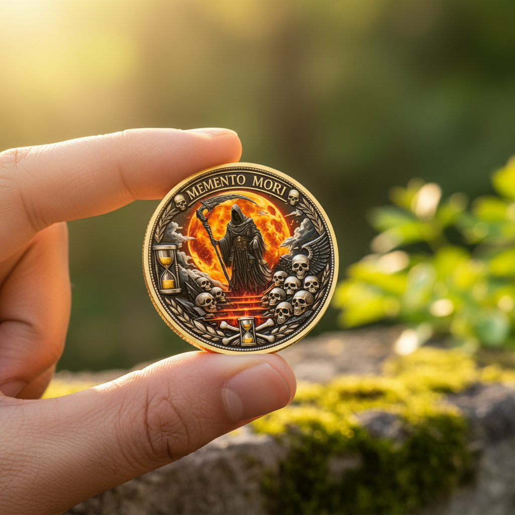 Hand holding Memento Mori Grim Reaper gothic collectible coin outdoors with natural bokeh background stoic collector display
