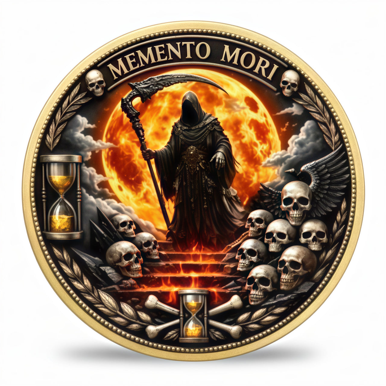 Memento Mori Grim Reaper gothic collectible coin with blood red moon skulls and hourglass stoic philosophy design available at One More Coin store
