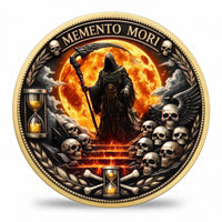 Memento Mori Grim Reaper gothic collectible coin with blood red moon skulls and hourglass stoic philosophy design available at One More Coin store

