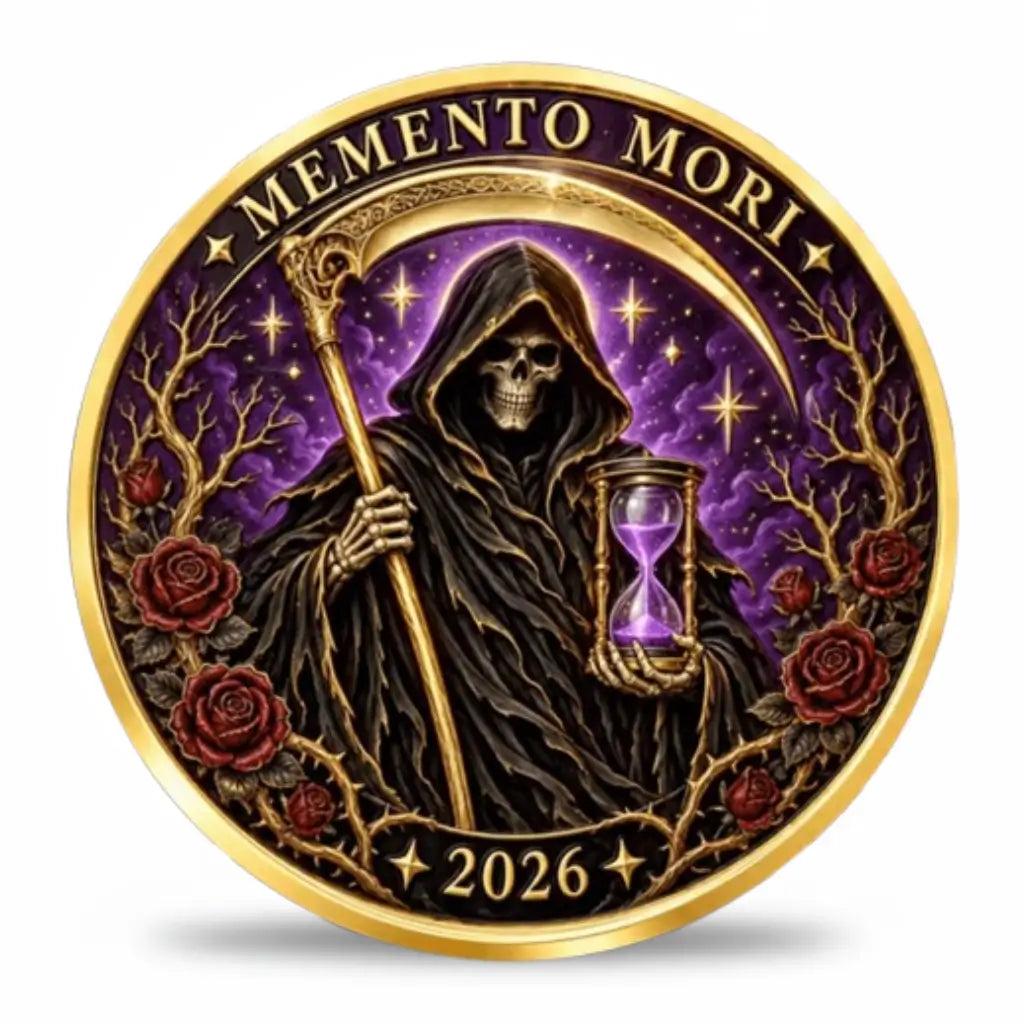 Memento Mori 2026 purple coin with Grim Reaper, scythe, hourglass and red roses, available at One More Coin store
