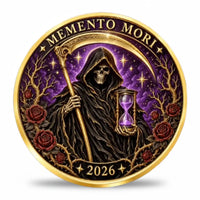 Memento Mori 2026 purple coin with Grim Reaper, scythe, hourglass and red roses, available at One More Coin store
