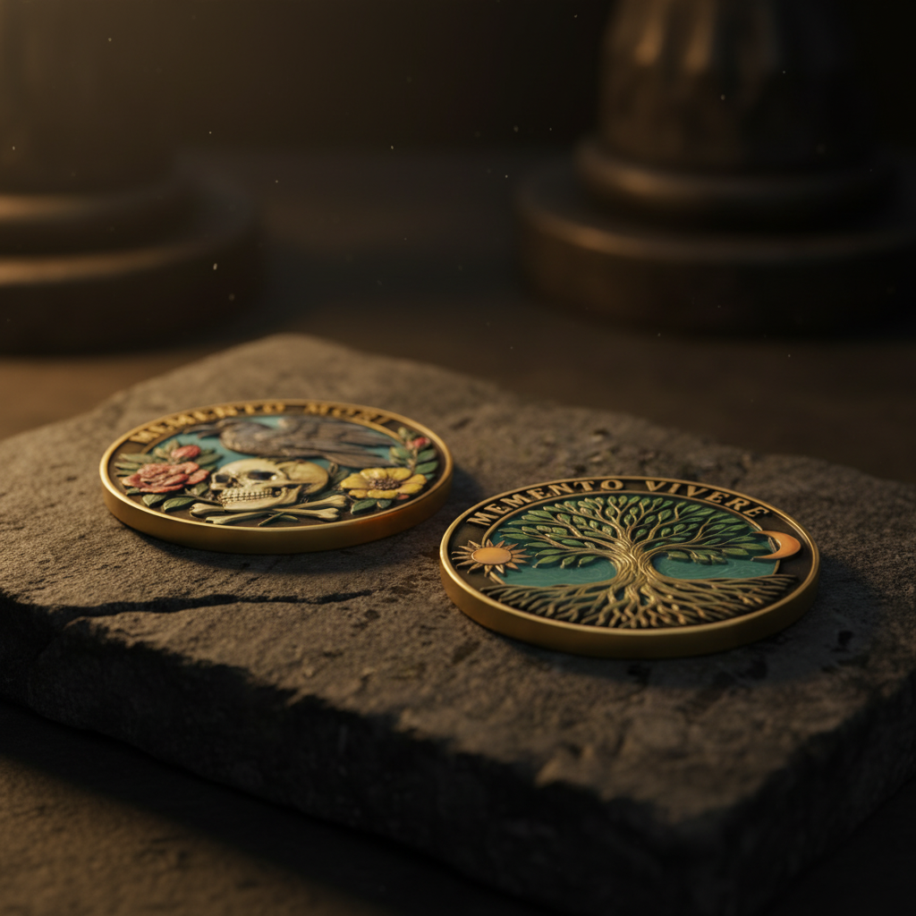 Memento Mori and Memento Vivere gothic collectible coin set resting on dark stone surface
