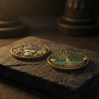Memento Mori and Memento Vivere gothic collectible coin set resting on dark stone surface
