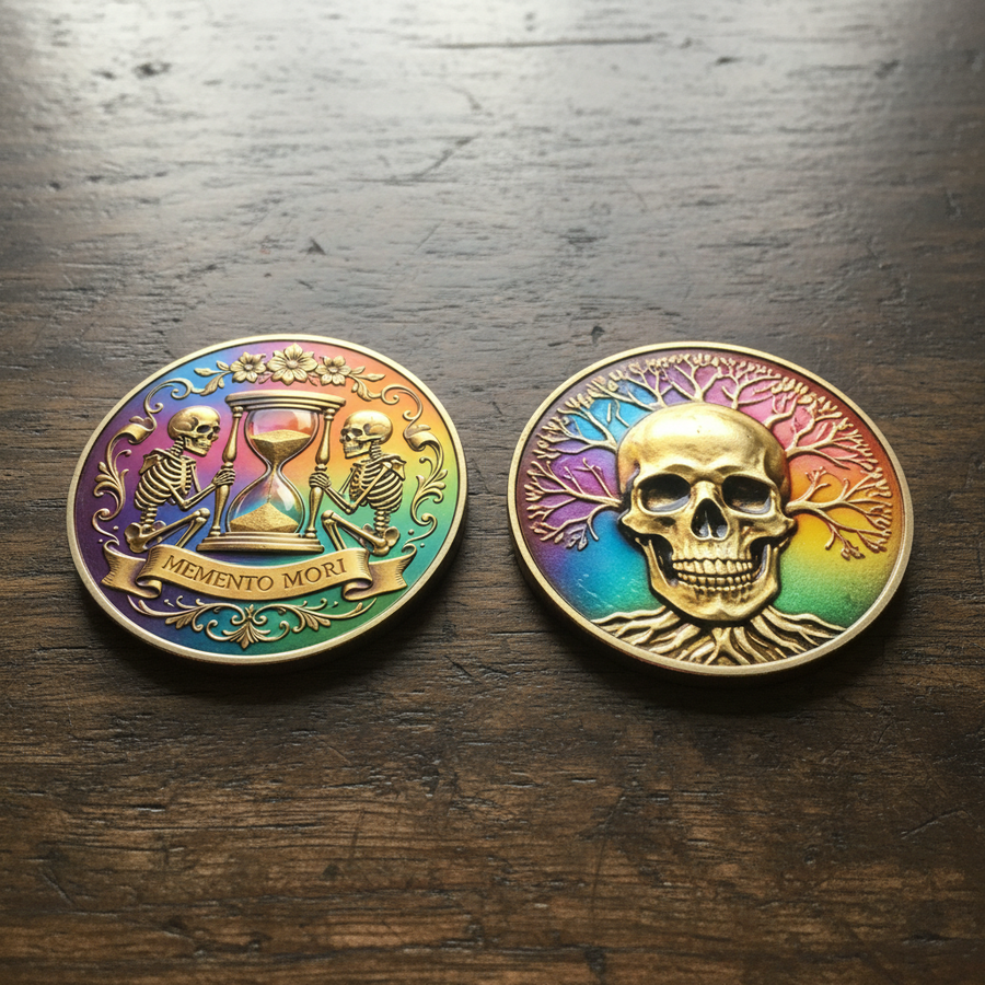 Memento Mori skeleton hourglass and skull Tree of Life rainbow enamel gothic collectible coin both sides displayed on dark wood surface