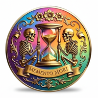 Memento Mori dual skeleton hourglass rainbow enamel gothic collectible coin with floral scrollwork and gold banner available at One More Coin store
