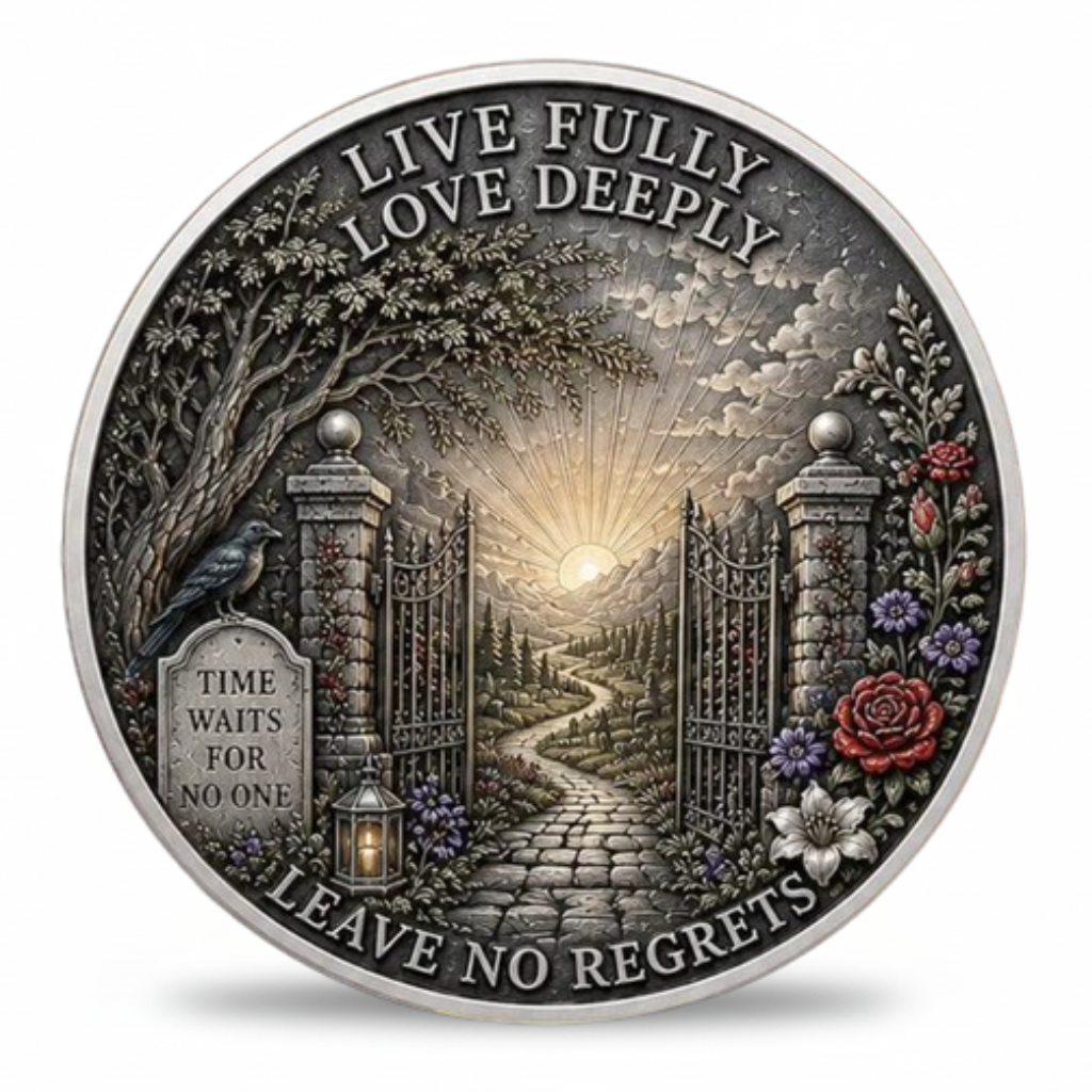A round silver-toned commemorative coin featuring an engraved cemetery scene with an open gate, sun rays, flowers, a bird, and the text 'LIVE FULLY LOVE DEEPLY' and 'LEAVE NO REGRETS'.
