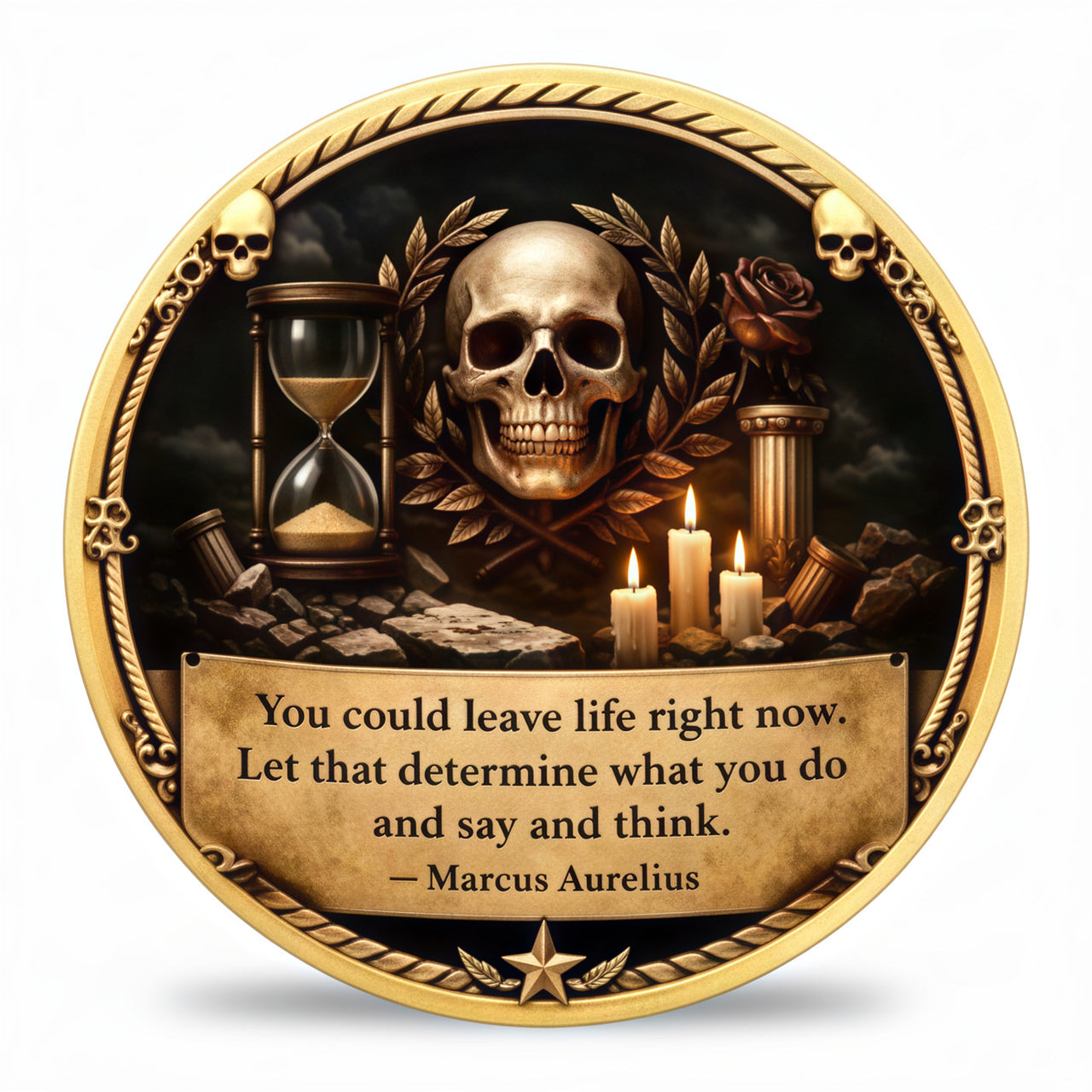 Memento Mori skull and candles collectible coin token with Marcus Aurelius Meditations quote stoic gothic design
